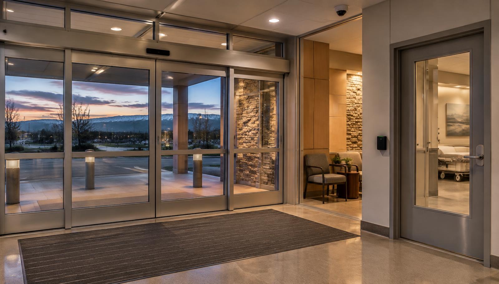 Empty Colorado hospital entrance with a ceiling camera and card reader at dusk