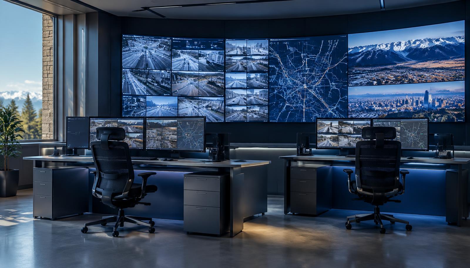 Modern Colorado security operations center with a curved video wall and empty operator desks